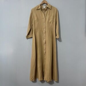 WinterSilks Dress Women 10 Beige Silk Linen Long Button Front Maxi 3/4 Sleeve